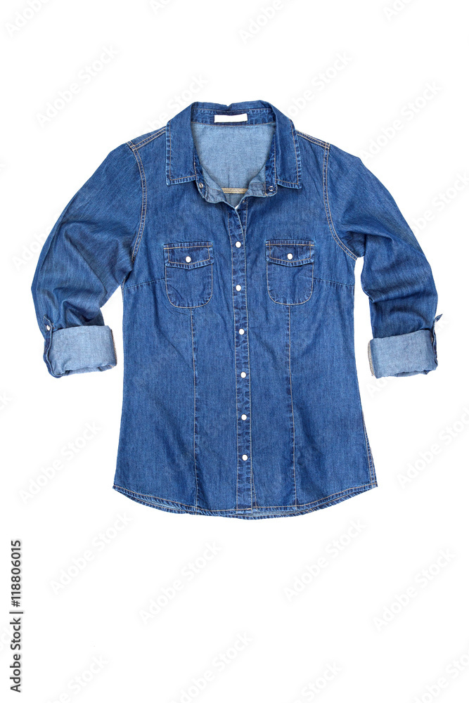Blue casual denim shirt on white background Blue casual denim shirt on white background