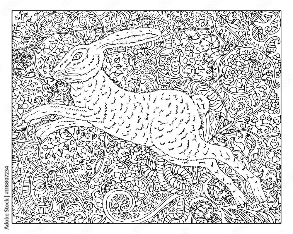 Fototapeta premium Hand drawn rabbit againstяут floral pattern background