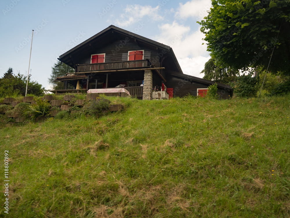 Fototapeta premium Vistas de una casa de madera en el campo verde desde abajo en Rochers de Naye, Suiza verano de 2016