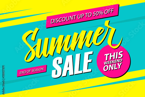 Summer Sale. This weekend special offer banner, discount 50% off. End of season. Vector illustration.