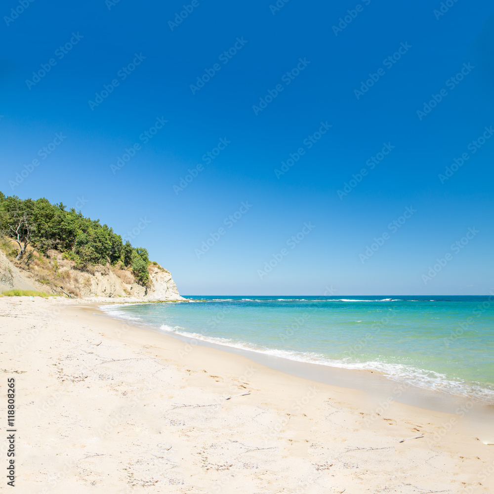 Beautiful wild shore with bright sand and clear water