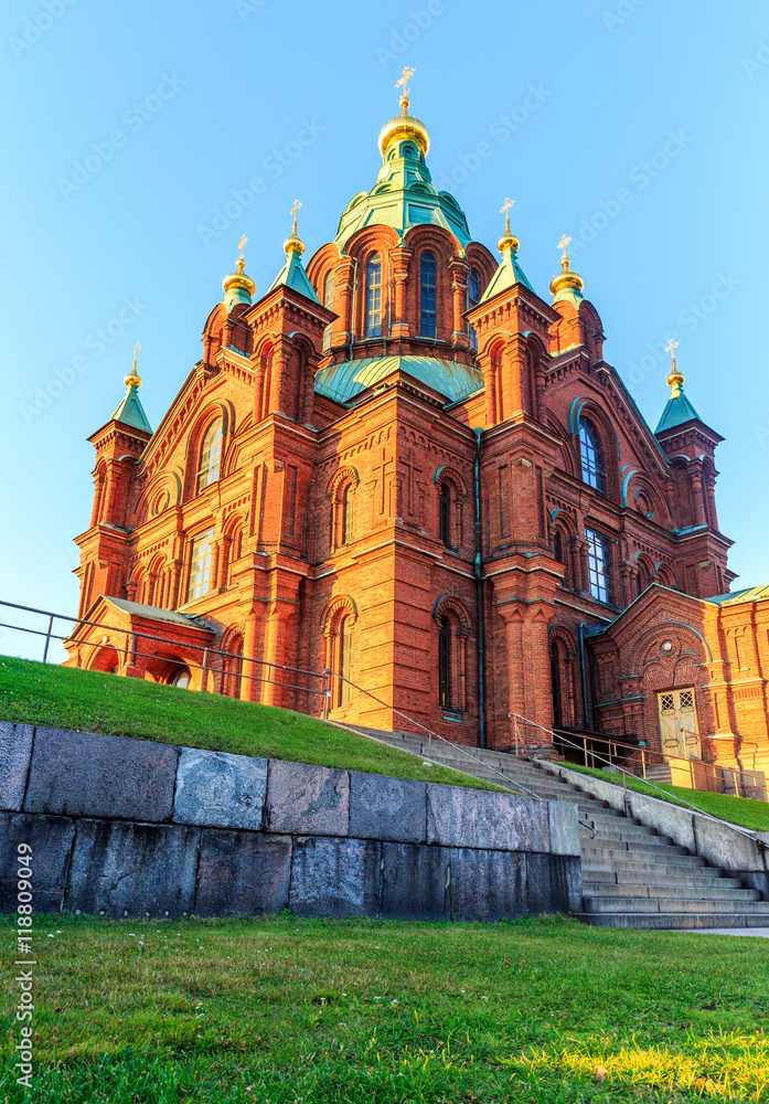 Evening scenery of Uspenski Orthodox Cathedral Church in Katajanokka district of the Old Town in Helsinki, Finland