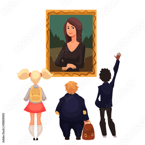 Kids in museum looking at classical work of art, cartoon style vector illustration. Museum guide telling children about a woman portrait. School trip to museum