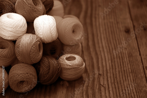 Crochet yarn balls on the floor old