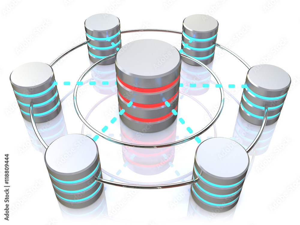 Database and networking concept: connected metal hard disk icons Database and networking concept: connected metal hard disk icons