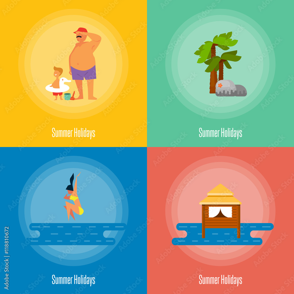 Summer holidays vector illustration. Father with little son near sea. Seascape with water bungalow. Girl jumping into sea, swimming girl. Natural landscape with palm and stones. Beach activities.