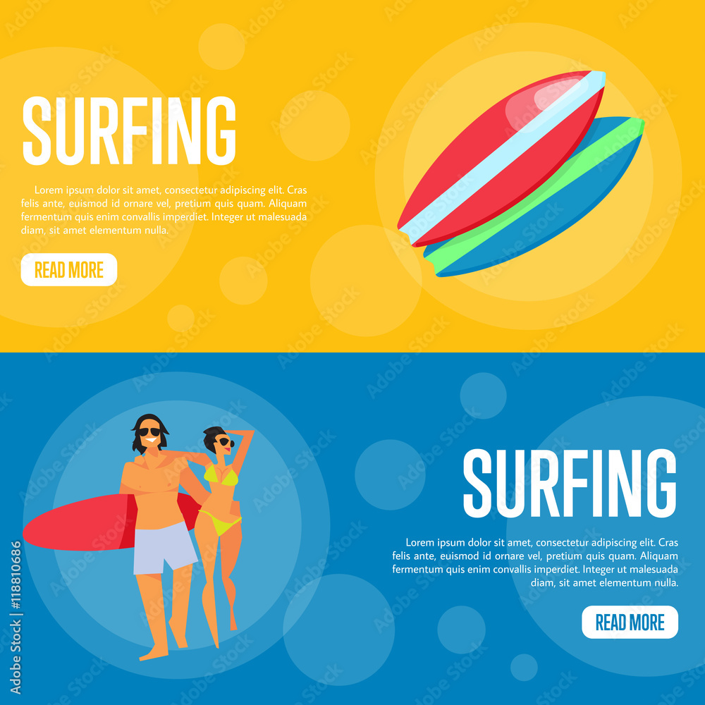Surfing vector illustration. Young happy couple with red surfboard walking on blue background. Colorful surfboards on orange background. Summer vacation. Website template. Flat design banner