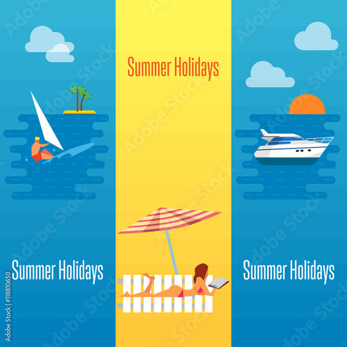 Summer holidays banner vector illustration. Sexy girl sunbathes on beach under the sun. Seascape with yacht, sunset and surfer riding on waves. Holiday at sea. Beach activities. Outdoor leisure.