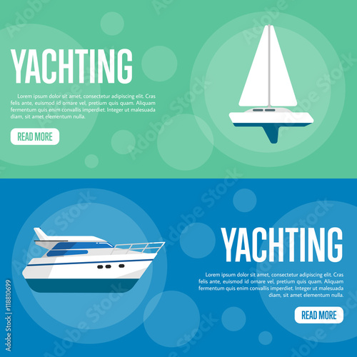 Yachting vector illustration. Sailing yacht on green background. Speedboat on blue background. Summer vacation. Travel concept. Racing yacht. Cruise vacation. Website template. Flat design banner