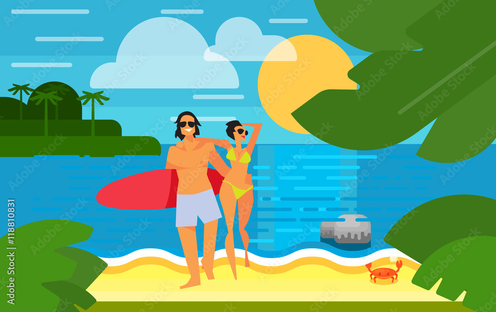 Summer banner vector illustration. Young happy couple with red surfboard walking on sand. Summer beach with sea crab, palm trees and sunset. Tropical scenery. Natural seascape. Summer time