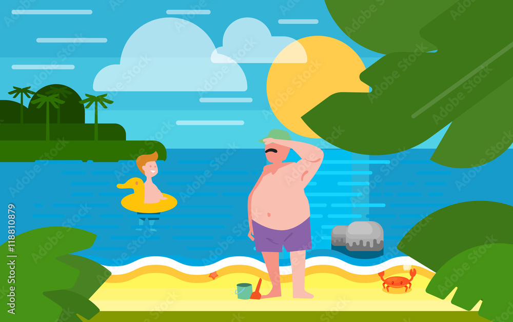 Obraz premium Summer banner vector illustration. Father with little son in swimming trunks on the beach. Family holiday. Summer beach with sea crab, palm trees and sunset. Tropical scenery. Natural seascape.