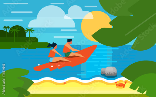 Summer banner vector illustration. People in life jackets on red banana boat. Summer beach with sea crab, palm trees and sunset. Tropical scenery. Natural seascape. Extreme sea sports. Summer time.