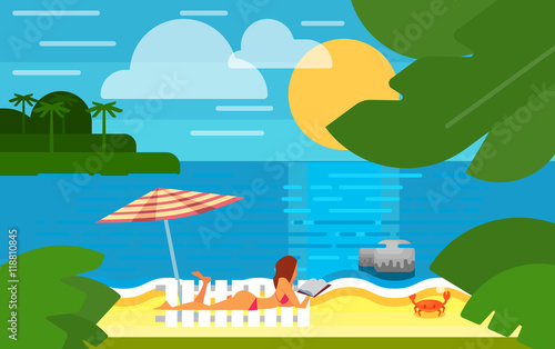 Fototapeta Naklejka Na Ścianę i Meble -  Summer banner vector illustration. Sexy girl in red swimsuit sunbathes on beach under striped umbrella. Summer beach with sea crab, palm trees and sunset. Tropical scenery. Natural seascape.