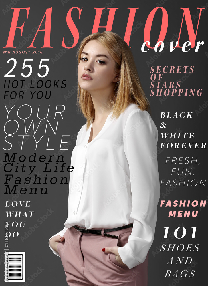 Attractive young woman on fashion magazine cover. Fashionable