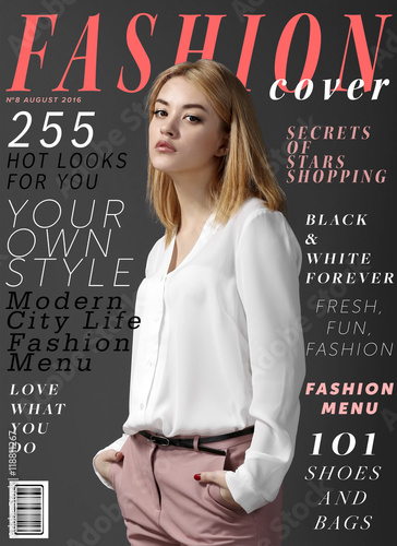 Attractive young woman on fashion magazine cover.  Fashionable lifestyle concept.