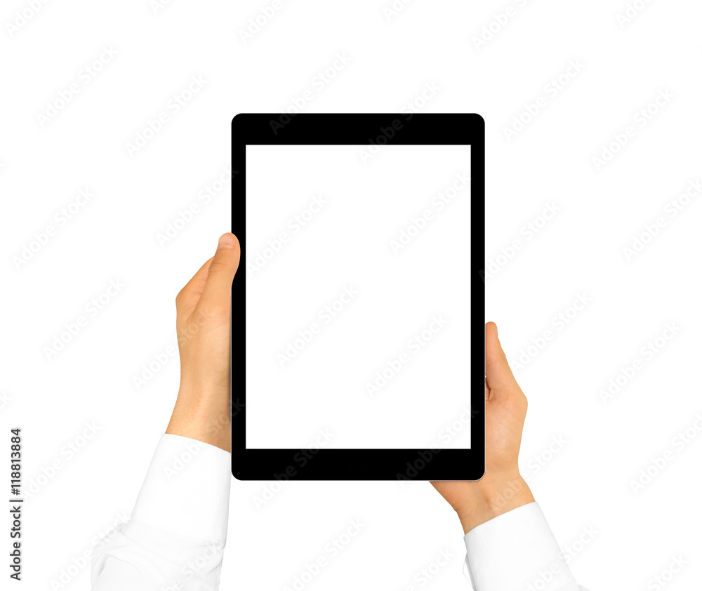 Hand holding blank tablet mock up isolated. New portable pc screen presentation. Empty display device mockup. Space touchscreen gadget hold in hands. Black hd wide screen monitor holder. Hand holding blank tablet mock up isolated. New portable pc screen presentation. Empty display device mockup. Space touchscreen gadget hold in hands. Black hd wide screen monitor holder.