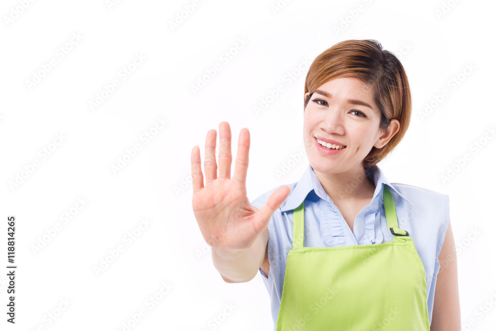 smiling, happy, positive woman small business owner pointing up smiling, happy, positive woman small business owner pointing up
