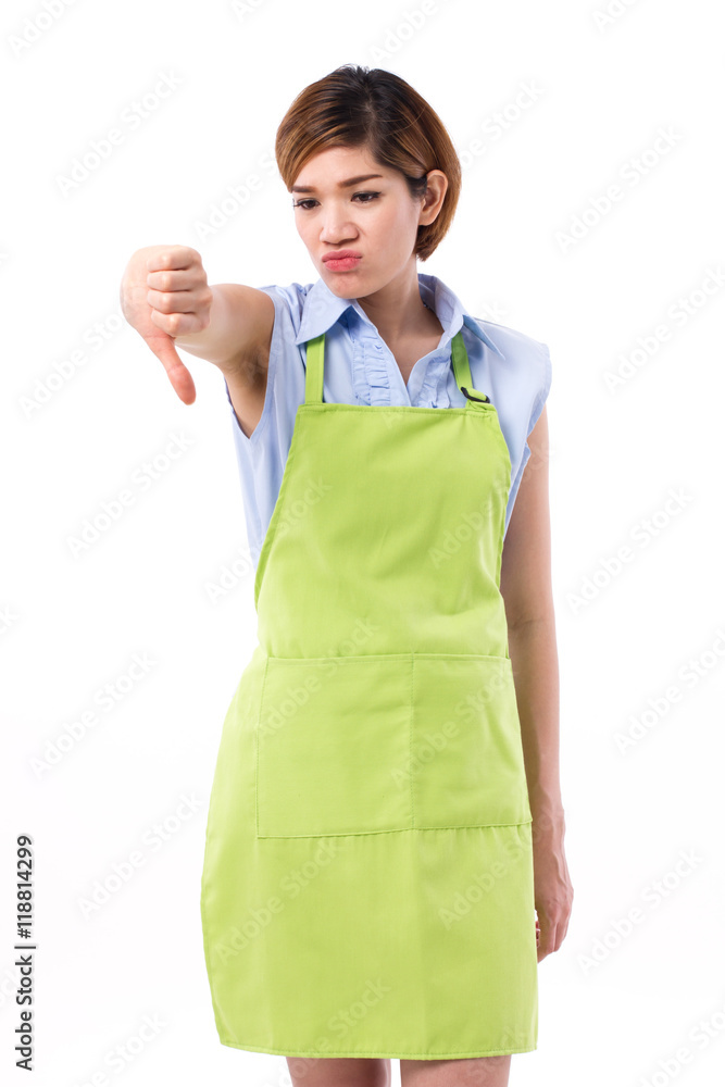 unhappy woman with apron showing thumb down hand gesture unhappy woman with apron showing thumb down hand gesture