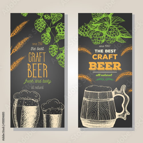 Banner set. Vector illustration in sketch style. Hand drawn beer vertical flyers. Line drawing