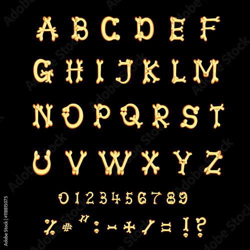 Latin alphabet. Set of letters from bones in halloween funny cartoon style isolated on black background. Vector illustration