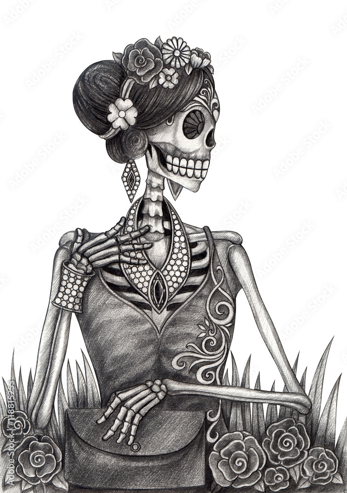 Obraz premium Skull art day of the dead.Art design women skull fashion and jewelry model action smiley face day of the dead festival hand pencil drawing on paper.