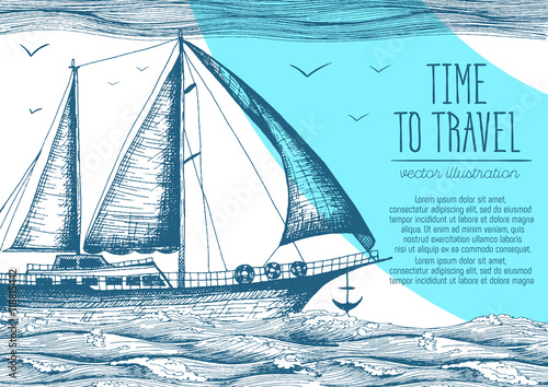 Nautical vector illustration drawn in ink. Frigate on the waves. Sea design template.