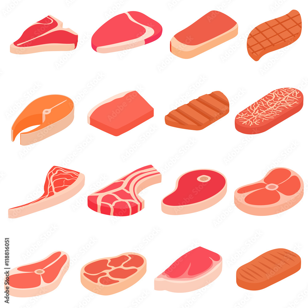 Steak icons set in cartoon style. Meat set collection vector illustration
