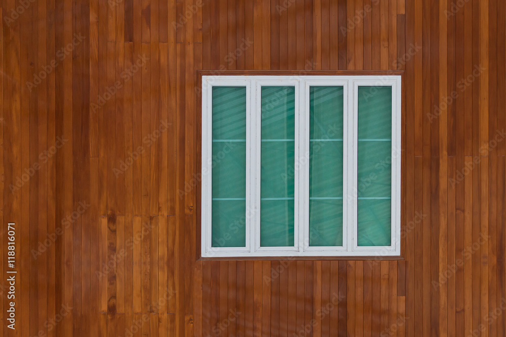 Wooden wall with white window frame Wooden wall with white window frame