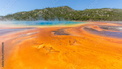 Beautiful Grand Prismatic Spring against blue sky. Amazing scenery at Midway Geyser Basin, Yellowstone National Park, Wyoming
