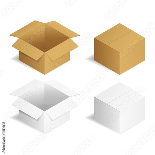 Vector illustration. Set packaging cardboard boxes, brown and white,open and closed.