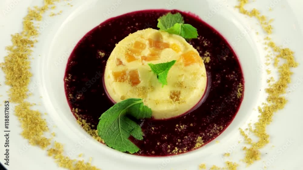 Restaurant dessert, panna cotta with raspberry sauce Restaurant dessert, panna cotta with raspberry sauce