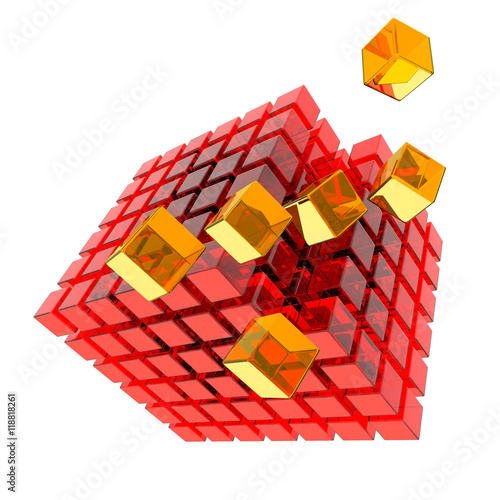 Apart flying glass cube, 3D Illustration