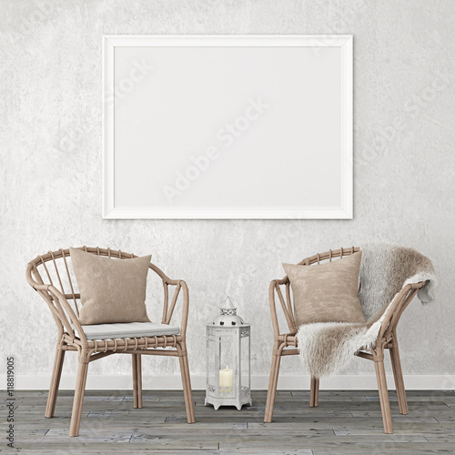Horizontal interior mockup with two wicker chairs on empty wall background. 3D rendering.