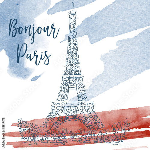 Hand drawn ink line sketch of Paris. Watercolor background