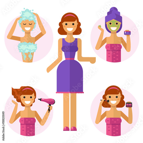 Flat vector illustration of beautiful smiling girls in shower, applying face mask, using cosmetics, styling hair. Smiling girl showing what's needed to be beautiful. Beauty look concept.