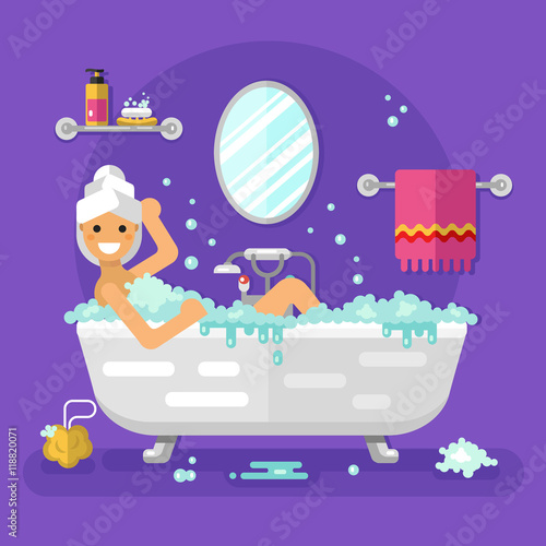 Vector flat style illustration of beautiful woman having a relaxing bubble bath in bathtub. Bathroom interior: mirror, shelf for soap and cream, towel, sponge, water tap.