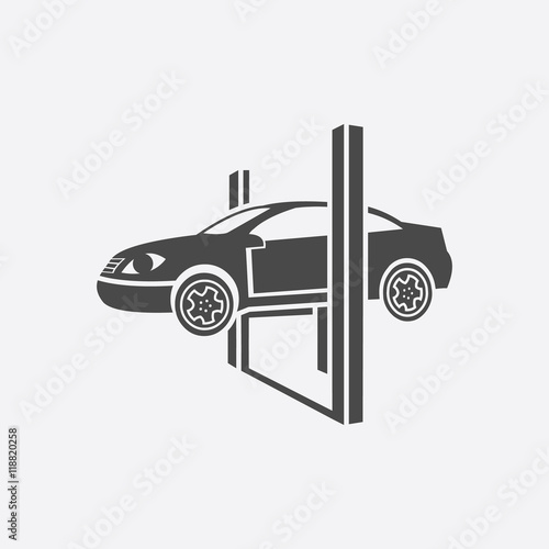 Repairing a car lifted on auto hoist icon black. Single car repair icon.