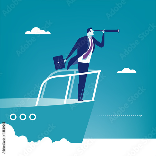 Captain. Businessman examines the space in front of his boat. Concept business illustration

