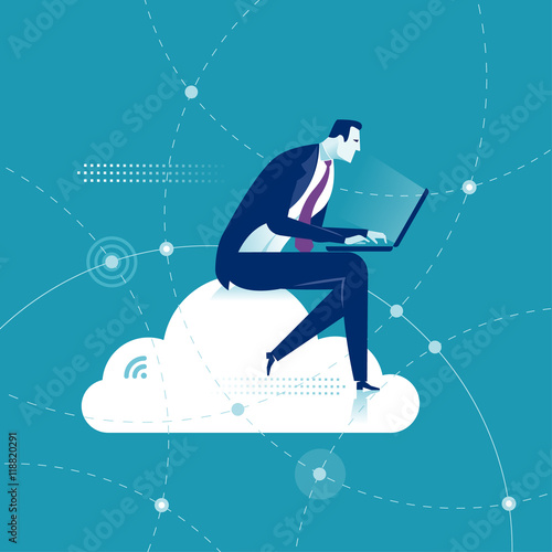 Cloud Networking. Businessman sits on a cloud with laptop on knees. Concept vector illustration.
