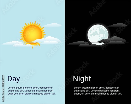 Vector day and night. Background with sun, moon, sky icons