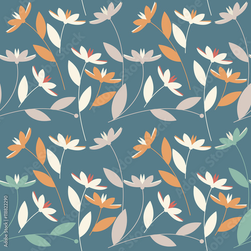 Cute seamless pattern with colorful flowers and leaves