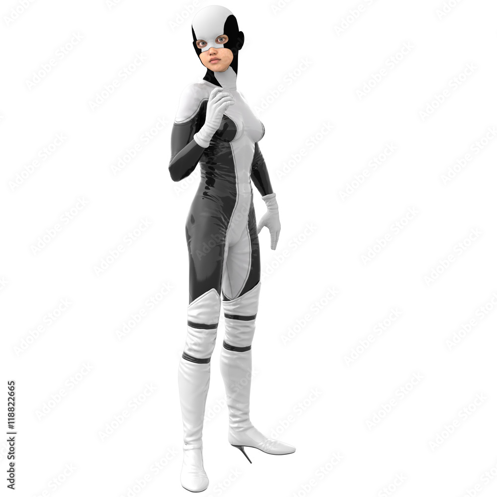 one slim girl in black and white superhero super suit. She stands half turned sideways to the camera. Her right hand in a pose of greeting