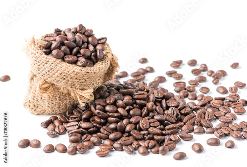 coffee beans in sack , isolated on white