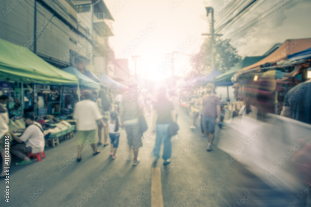 Blurred image of street market with retro color effected, blurre