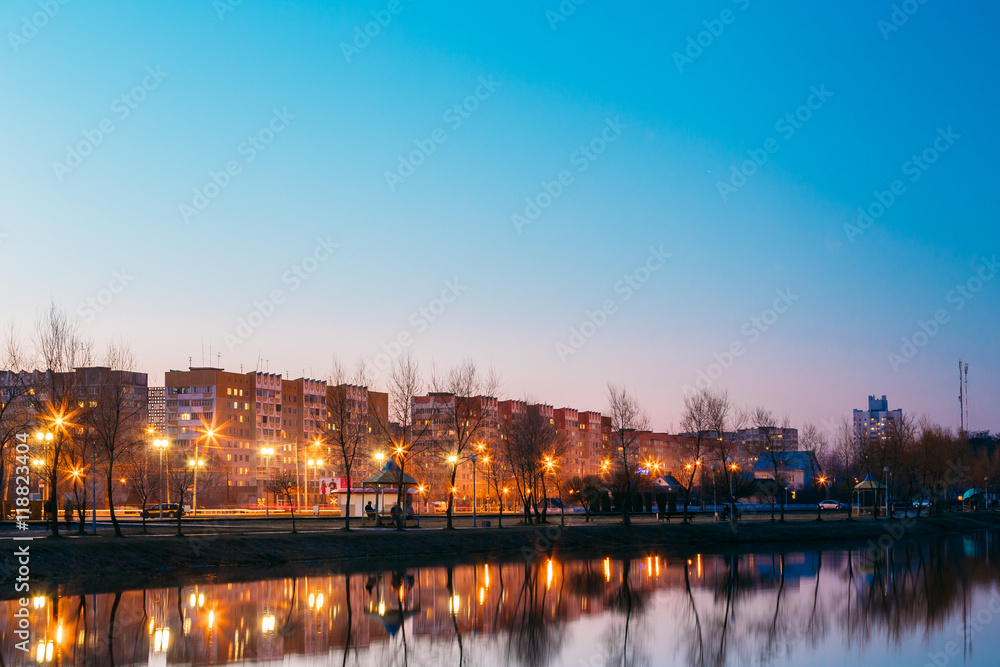 View Of Urban Residential Area Overlooks To City Lake Park Evening