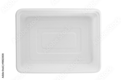 Plastic food container / Plastic food container on white background. Top view.