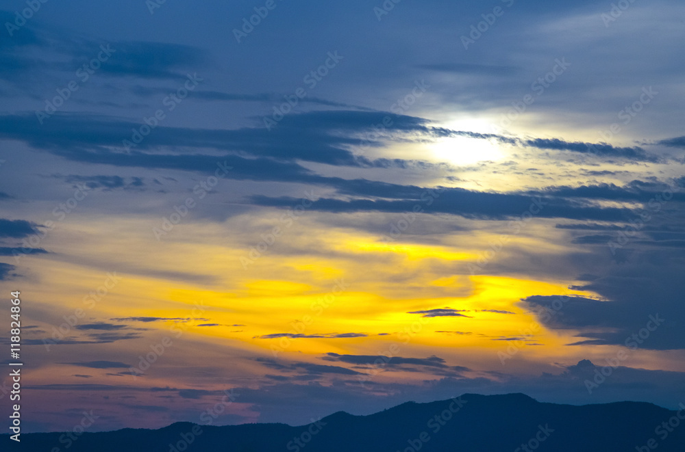 Colorful sunset over the mountain hills