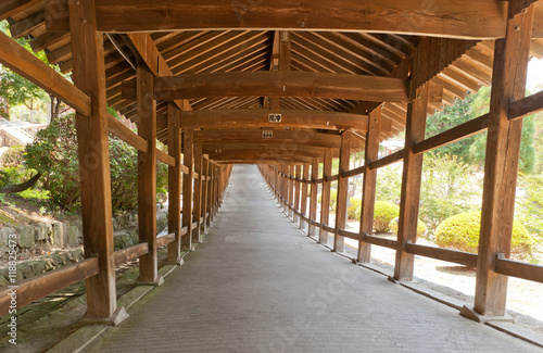 Covered corridor of Kibitsu Shinto Shrine in Okayama, Japan