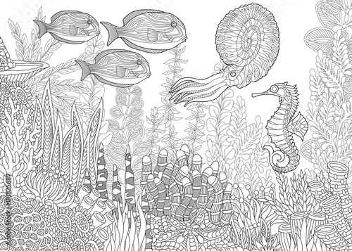 Stylized composition of tropical fish, seahorse, calamari (squid), underwater seaweed, corals and starfish. Freehand sketch for adult anti stress coloring book page with doodle and zentangle elements.