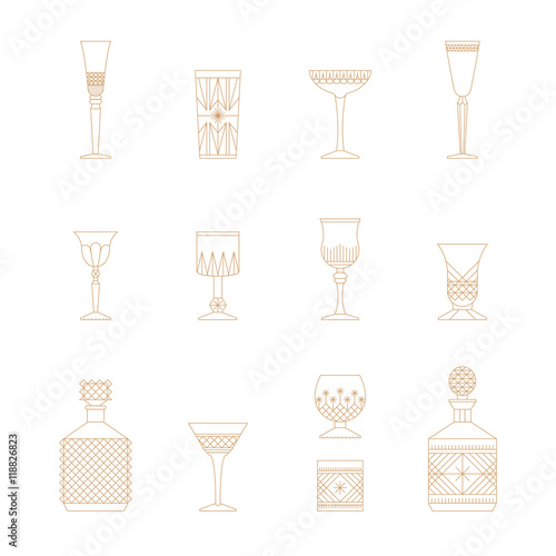 Flat style crystal glass vector icon set. Thin lines web icons set. Champagne, wine, cogniac, coctail, ale, vodka, irish cream, liquor, whiskey, bourbon, brandy, calvados.